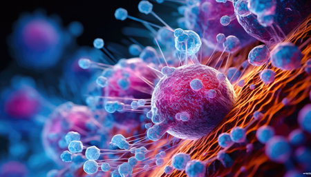 The microscopic realm and the hidden world of virus cells and cancer cells. This image offers a glimpse into their intricate structures and provides a deeper understanding of cellular biology. illustration created by Generative AIの素材