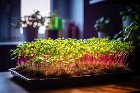 The concept of growing your own greens at home - vibrant box of fresh and flavorful microgreens. Experience the joy of harvesting nutritious greens right in your kitchen. illustration created by Generative AIの素材