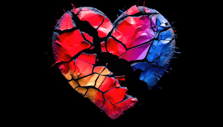 An illustration of a heart on a black background that has undergone fragmentation, with each fragment displaying vibrant colors. Symbolizes the pain of shattered relationships and unfulfilled desires. illustration created by Generative AIの素材