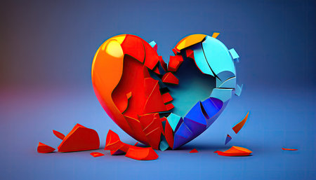 A heart that is cracked and disintegrated, with its fragments showcasing a range of vivid colors. Conveys the concept of relationship breakdowns and unfulfilled emotions. illustration created by Generative AIの素材