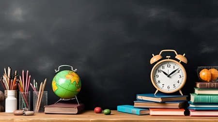 The essence of learning with this captivating image featuring an arrangement of school supplies. A globe, books, pencils, and a symbolic apple convey the importance of education in nurturing curious minds and fostering a passion for knowledge. illustration created by Generative AIの素材