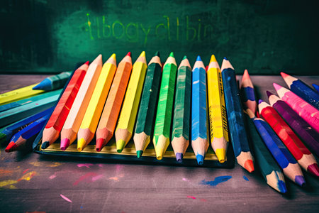 A colorful assortment of high-quality colored pencils neatly arranged on a table. These versatile tools inspire creativity and allow artists to explore a wide range of colors and shades for their artwork. illustration created by Generative AIの素材