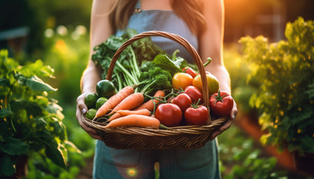 The world of farm-fresh abundance as female hands hold a wicker basket filled with plump, ripe vegetables. This evocative image reflects the care and dedication put into cultivating and savoring the natural flavors of the earth. illustration created by Generative AIの素材