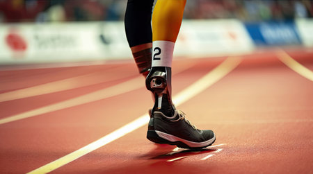 extraordinary fortitude in motion, when a person with prosthetic legs does not lose heart, but is engaged in rehabilitation on the stadium treadmill, demonstrating his unshakable determination and inspiring us with his deed. illustration created by Generative AIの素材