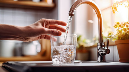 A human hand holds a glass cup under a kitchen tap, collecting clean and potable water. Illustrates the kitchen as a source of safe drinking water. illustration created by Generative AIの素材