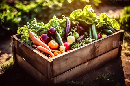 Nature galore with this enticing selection of farm-fresh vegetables including carrots, eggplant, zucchini, peppers and herbs, elegantly presented in a rustic wooden box amidst a picturesque garden. illustration created by Generative AIの素材