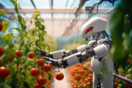 The cutting-edge technology as a robot cyborg efficiently harvests ripe tomatoes in a state-of-the-art greenhouse. Explore the future of farming and automation. illustration created by Generative AIの素材