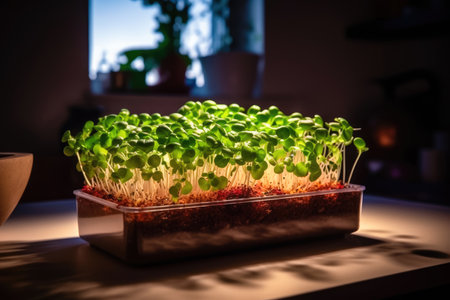 The concept of home gardening - box of vibrant and delicious microgreens. Witness the magic of growing your own greens and relish the fresh flavors and nutritional benefits. illustration created by Generative AIの素材