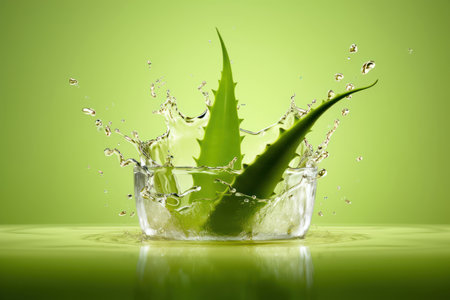 Harness the power of nature with this captivating image featuring lush aloe leaves and invigorating aloe juice. The vibrant green backdrop creates a perfect setting for advertising cosmetic products. Emphasize the natural goodness and rejuvenating properties of aloe with this captivating visual. illustration created by Generative AIの素材