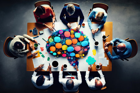 A team of individuals sitting together at a table, demonstrating effective teamwork. They are engaged in a productive meeting, exchanging thoughts, and generating new ideas through brainstorming sessions. illustration created by Generative AIの素材