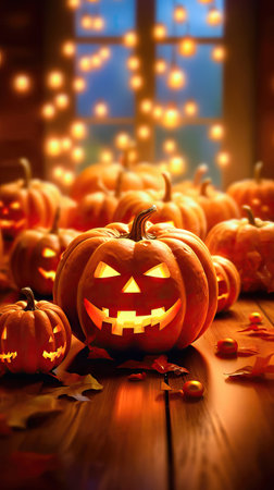 A group of eerie pumpkins with flickering candlelight shining through their eyes. Blurred background with bokeh effect adds a touch of mystery and magic. Perfect for Halloween-themed designs and decorations. illustration created by Generative AIの素材