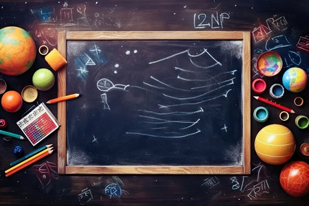 Immerse yourself in an educational atmosphere with this captivating background featuring a blackboard frame and a collection of school supplies artistically scattered for a creative touch. copyspace. illustration created by Generative AIの素材