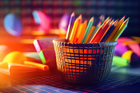 A rich abundance of colored pencils in a holder on the table against the background of an assortment of school supplies create a bright and attractive backdrop for projects related to the concept of schooling. blurred background. illustration created by Generative AIの素材