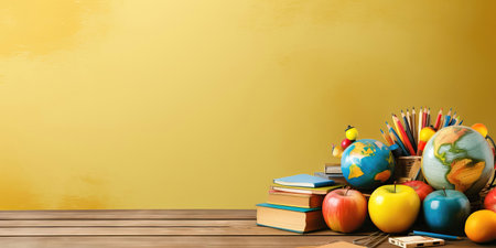 A captivating composition showcasing a delightful assortment of apples and a variety of school supplies, serving as an ideal backdrop for designs centered around the school-going theme. copyspace. illustration created by Generative AIの素材