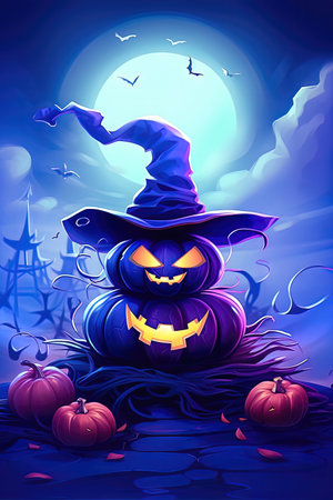 A spooky Halloween concept featuring a vibrant glowing pumpkin with a witch hat, set against a backdrop of moonlit sky. Perfect for Halloween-themed designs and decorations. illustration created by Generative AIの素材