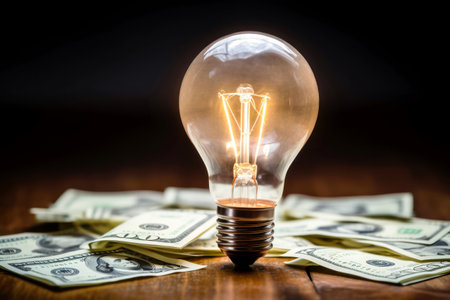 Illustration of a burning light bulb resting on a stack of dollar banknotes, symbolizing a brilliant and lucrative concept or idea with the potential for great financial success. illustration created by Generative AIの素材