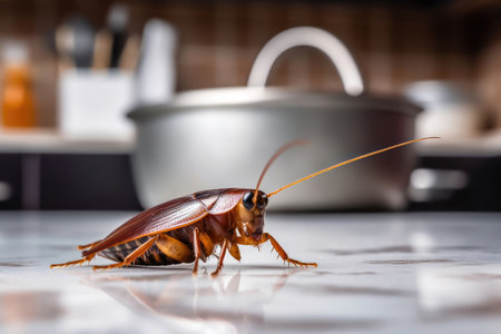 Discover a close-up view of a big fat cockroach found on a kitchen surface. This image captures the presence of an unwanted visitor in your home, highlighting the need for effective pest control and cleanliness. illustration created by Generative AIの素材