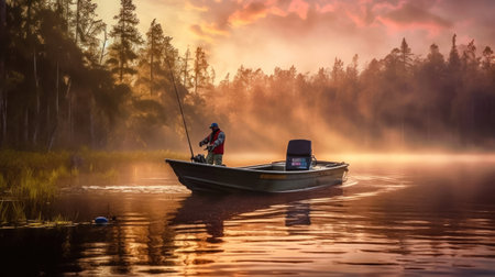 Witness the tranquil beauty of a skilled fisherman casting his net in a wooden boat against the backdrop of a stunning sunset. This captivating image captures the essence of peaceful fishing and the serene connection between man and nature. illustration created by Generative AIの素材