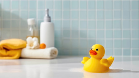 Transform your bathroom into a whimsical space with this small yellow duck toy. Placed against a backdrop of the bathroom, it adds a touch of charm and nostalgia, making your daily routine a little more fun. copyspace. illustration created by Generative AIの素材