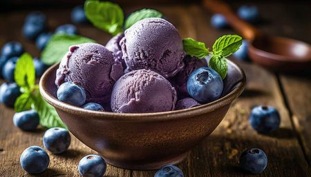 Indulge your taste buds in the irresistible allure of blueberry ice cream showcased on a rustic wooden table. The rich purple hues of the blueberries and the smooth, creamy texture make this treat simply irresistible. illustration created by Generative AIの素材