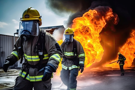 Dedicated firefighters on the scene, using their specialized equipment and expertise to combat a fire and protect the community. illustration created by Generative AIの素材