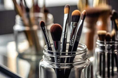 An assortment of professional-grade makeup brushes elegantly displayed in a transparent glass jar. Ideal for beauty salons, cosmetics stores, and makeup tutorials. illustration created by Generative AIの素材