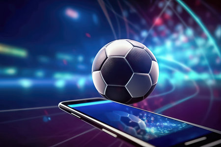 This illustration portrays a soccer ball positioned on a mobile device, indicating the connection between sports and betting. It symbolizes the digital transformation of sports wagering, where users can place bets using their smartphones. illustration created by Generative AIの素材