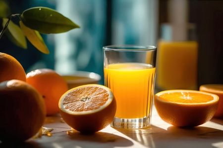Indulge in the vibrant colors and flavors of orange juice served in a glass, accompanied by ripe and juicy oranges spread on a table. A perfect combination of zest and sweetness. illustration created by Generative AIの素材