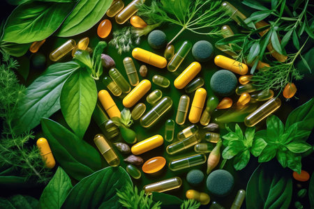 Colorful capsules representing alternative folk medicine, a concept of natural remedies and herbal treatments. Herbal medicine and holistic healing concept with multicolored pills. illustration created by Generative AIの素材