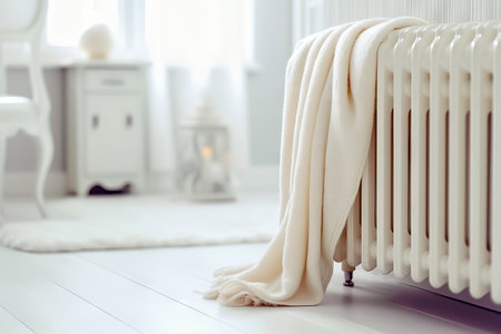 Stay warm and comfortable during the cold winter with this white heating radiator covered in a soft blanket. The modern room provides a cozy atmosphere as you beat the chill and enjoy the comforts of home. illustration created by Generative AIの素材