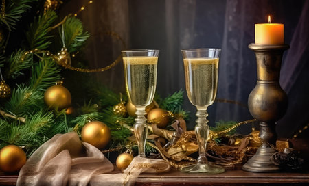Elegant and delightful, this image showcases champagne glasses in the midst of beautiful Christmas decorations, making it a perfect representation of holiday cheer. illustration created by Generative AIの素材