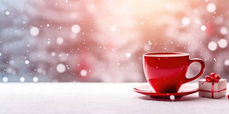 Experience the joy of the season with this eye-catching image: a red cup filled with fragrant hot chocolate and a small gift box beautifully decorated with red ribbon. Festive bokeh creates the perfect festive mood. copyspace. illustration created by Generative AIの素材