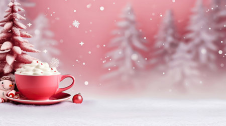 Experience the magic of winter with this enticing sight: a red cup filled with frothy melted marshmallows adorned with colorful little round candies. A festive winter backdrop, the snowman and ball make for a charming backdrop. copyspace. illustration created by Generative AIの素材
