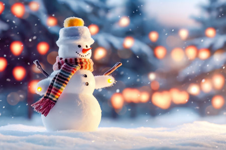 Join the snowman's playful adventure amidst the mesmerizing bokeh lights, as he adds magic and joy to the winter wonderland. copyspace. illustration created by Generative AIの素材