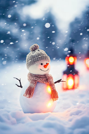 Capture the magical moments with a charming snowman on a blurred background adorned with bokeh lights, evoking the spirit of the holiday season. copyspace. illustration created by Generative AIの素材