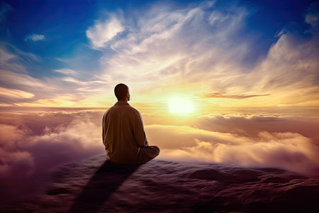 Experience a moment of profound contemplation as you gaze upon this mesmerizing silhouette of a man meditating among the clouds. The visual evokes a sense of calmness and introspection. illustration created by Generative AIの素材