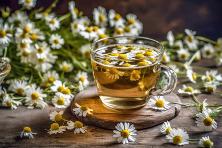 Delicate chamomile flowers and a warm cup of chamomile tea. Enjoy the soothing and calming benefits of this herbal infusion. illustration created by Generative AIの素材