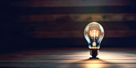 Bright and innovative idea generation concept featuring a glowing light bulb on a table. Inspire your audience with this image, ideal for design projects and presentations. copyspace. illustration created by Generative AIの素材