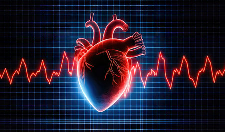 An illuminated celebration of cardiac well-being - a luminous neon cardiogram intertwined with a radiant human heart symbolizes the beauty of a healthy life. illustration created by Generative AIの素材