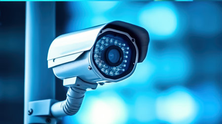 Focused on protection, the surveillance camera stands as a watchful guardian, deterring potential threats. Perfect for illustrating the importance of security measures. illustration created by Generative AIの素材