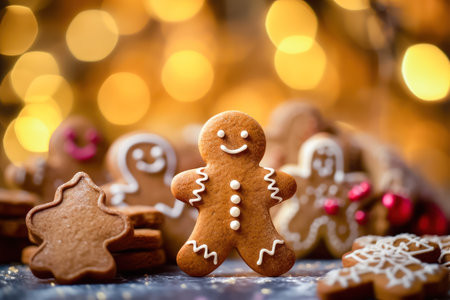 Indulge in the holiday spirit with this delightful image of a gingerbread man and an array of scrumptious Christmas treats. The blurred background with bokeh adds a magical touch to the festive scene. illustration created by Generative AIの素材