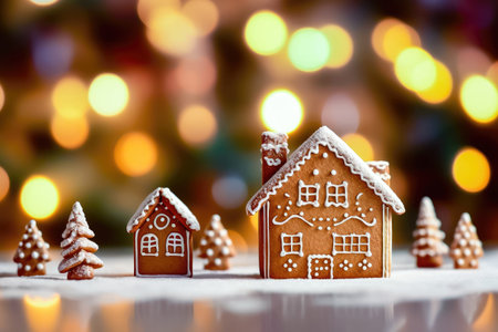 Celebrate the season with these festive Christmas gingerbread houses, adorned with delightful decorations. The bokeh background adds an extra layer of charm to the holiday-themed image. illustration created by Generative AIの素材