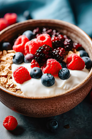 Indulge in a deliciously healthy breakfast feast with this bowl of hearty oatmeal, velvety yogurt, and a mix of luscious berries. A satisfying and nourishing choice to kick off your day. illustration created by Generative AIの素材