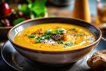 Savor the harmonious combination of fresh pumpkin and tender zucchini in a velvety smooth cream soup. Enhanced with delightful spices and adorned with a cream decoration, this dish is skillfully served in a beautifully presented plate. illustration created by Generative AIの素材
