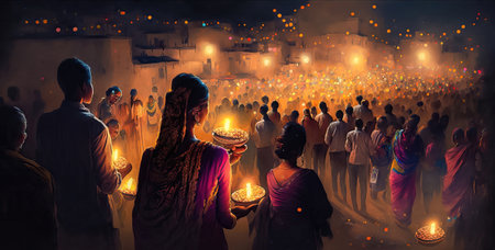 In a mesmerizing display of the Diwali extravaganza, a jubilant crowd of Indian people fill the city square, holding up glowing lamps, creating a magical and festive atmosphere. illustration created by Generative AIの素材
