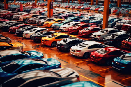 An extensive array of various cars is neatly parked in a warehouse, forming a parking lot at an automobile factory. This image captures the wide variety of vehicles awaiting distribution. illustration created by Generative AIの素材