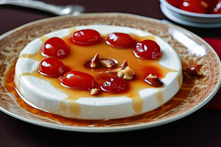 Immerse yourself in the heritage of Turkish cuisine with this mouthwatering dessert. Crafted with care, it's a delectable blend of milk cream, nutty goodness, juicy fruit and honeyed syrup. illustration created by Generative AIの素材