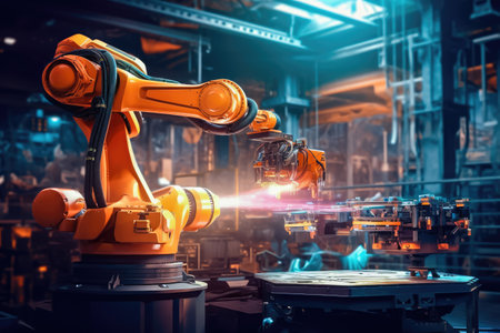 Step into the realm of advanced manufacturing with a glimpse of this robotic machine tool at work. This image captures the fusion of technology and industry, shaping the future of production. illustration created by Generative AIの素材