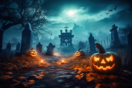 Witness the enchantment of Halloween as a glowing pumpkin lights up the darkness, setting the stage for a night of spooky delights. illustration created by Generative AIの素材