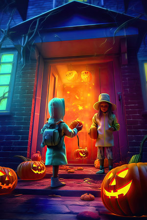 Children dressed in various Halloween costumes, filled with anticipation, visit the glowing door of an old house for a memorable night of trick-or-treating. illustration created by Generative AIの素材